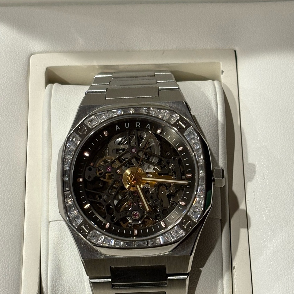 Aura Silver Skeleton Watch with Gold Accents